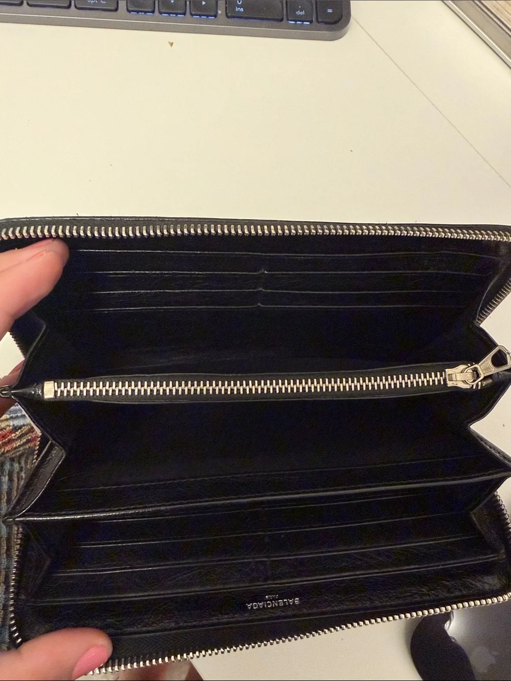 Balenciaga Black Leather Long Zip Wallet with Embossed Logo